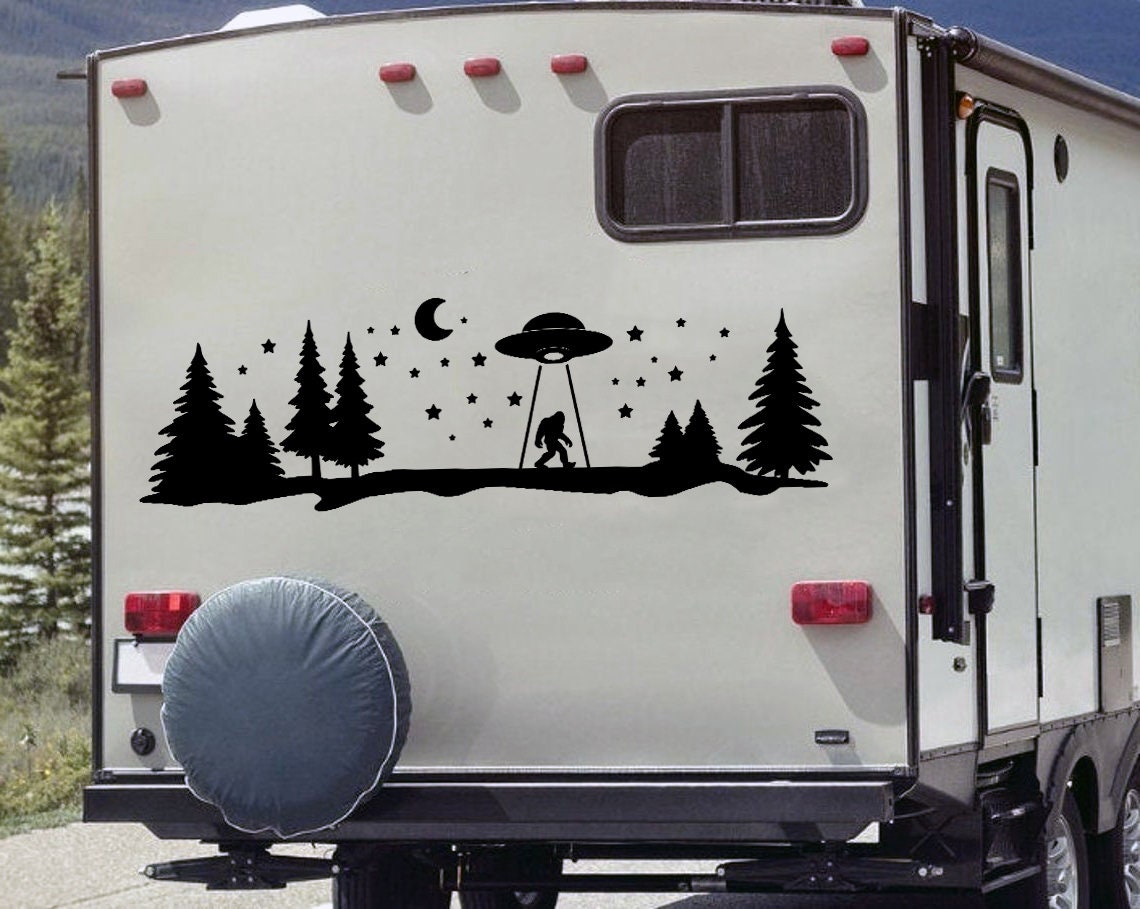 Bigfoot UFO Moon Stars Vinyl Decal - Sasquatch Camping RV Travel Trailer Scene - Die Cut Sticker