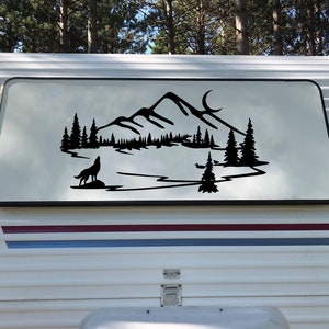 Howling Wolf Mountain Lake Scene Vinyl Decal - Moon Ducks RV Graphics - Die Cut Sticker
