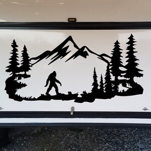Bigfoot Sasquatch Mountain Trees Scene Vinyl Decal V3 - Camper RV Travel Trailer Graphics 4x4 - Die Cut Sticker