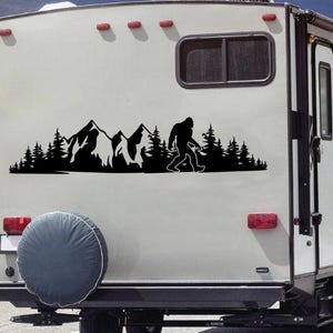 Bigfoot Mountain Scene V17 Vinyl Decal | Sasquatch RV Camper Truck SUV Car Window Sticker | Outdoor Wilderness Die Cut Sticker