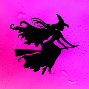 Witch On Broomstick Vinyl Decal Halloween Decoration V1 | Custom Color/Size Wicca Coven Feminist Sticker For Cars Walls Windows and More