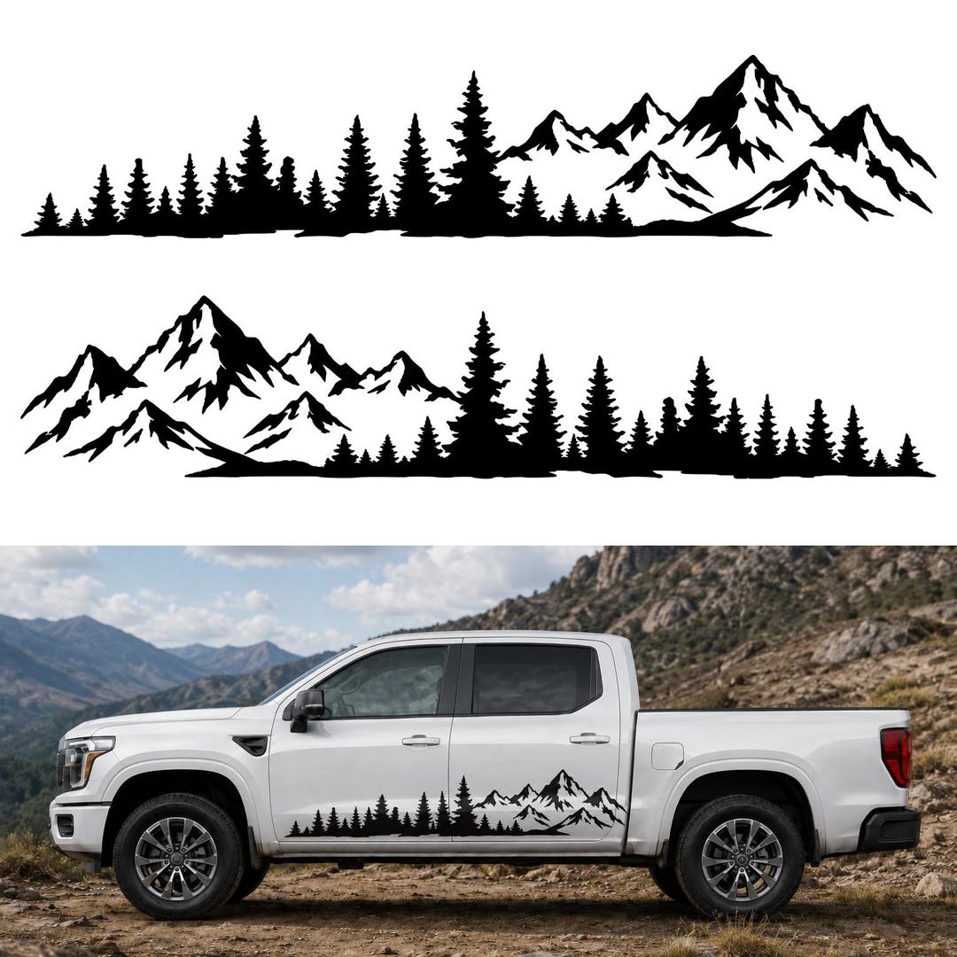 Pair of Mirrored Mountain Forest Truck Vinyl Decals Wilderness ...