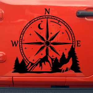 Compass Howling Wolf Mountain Vinyl Decal V1 - Moon Stars Forest Scene Graphics - Die Cut Sticker