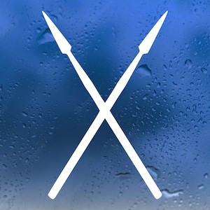 May include: Two white spear silhouettes crossed over each other against a blue background with water droplets.