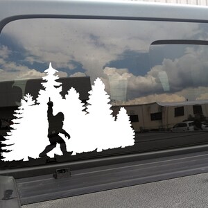 Bigfoot in Trees Middle Finger Vinyl Decal - Sasquatch Forest Line PNW - Die Cut Sticker