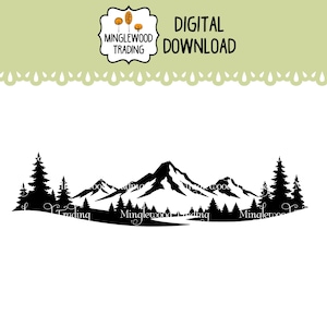 May include: Black silhouette of a mountain range with pine trees, set against a white background. The image includes the text "DIGITAL DOWNLOAD" and a logo with the words "Minglewood Trading".