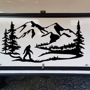 Bigfoot Sasquatch Mountain Trees Scene Vinyl Decal V5 - Camper RV Travel Trailer Graphics - Die Cut Sticker