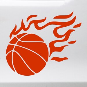 May include: A red basketball with flames coming out of the side. The basketball is a silhouette with white lines for the seams.