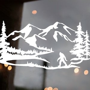 Bigfoot Mountain Trees Scene Vinyl Decal V6 - Camper RV Sasquatch Graphics - Die Cut Sticker