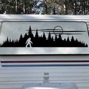 Bigfoot in Tree Line Forest Scene Vinyl Decal V16 - Sasquatch Camping - Die Cut Sticker