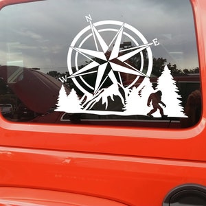 Compass Bigfoot Mountain Forest Scene V2 - Sasquatch Camping RV Graphics Scenery - Die Cut Sticker