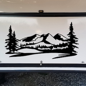 Mountains Forest Scene Vinyl Decal V2 - Camper RV Travel Trailer Graphics 4x4 - Die Cut Sticker