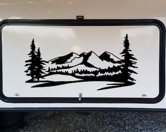 Mountains Forest Scene Vinyl Decal V2 - Camper RV Travel Trailer Graphics 4x4 - Die Cut Sticker