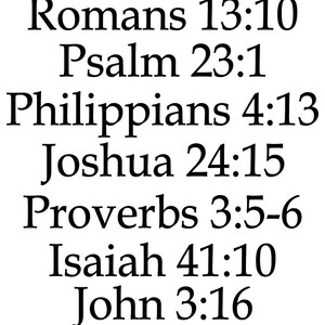 May include: A white background displays black text of Bible verses: Romans 13:10, Psalm 23:1, Philippians 4:13, Joshua 24:15, Proverbs 3:5-6, Isaiah 41:10, and John 3:16. The text is in a classic serif font.