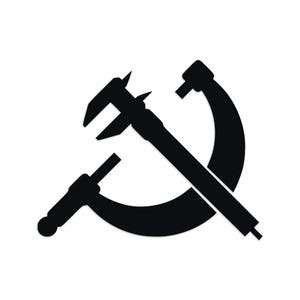 May include: Black and white graphic of a caliper and a sickle, forming a design. The caliper is positioned over the sickle, with both tools appearing in silhouette against a white background. The design is simple and bold.