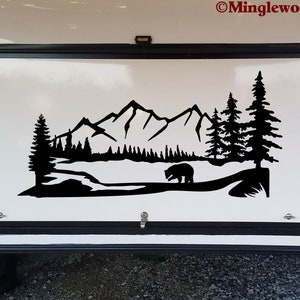 Bear Mountain Trees Scene Vinyl Sticker - Camper RV Travel Trailer Graphics - Die Cut Decal