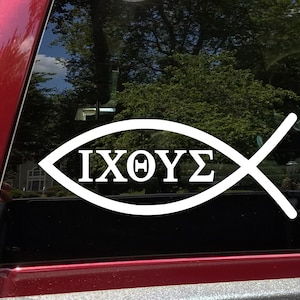 May include: White vinyl decal of a fish with the Greek acronym "IXΘΥΣ" inside. The acronym stands for "Jesus Christ, Son of God, Savior".