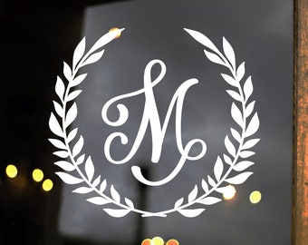 Monogram Letter in Laurel Wreath Vinyl Decal - Script Scroll Family Name - Die Cut Sticker