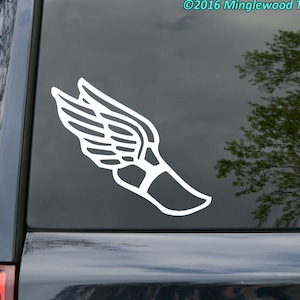 May include: White vinyl decal of a winged running shoe, a common symbol for speed and athleticism.