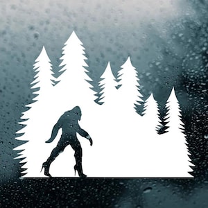 Bigfoot in High Heels in Tree Line Vinyl Decal V1 | Sasquatch Pine Trees | Die Cut Sticker