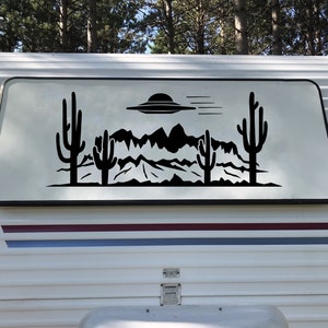 Desert UFO Cactus Mountain Scene V3 Vinyl Decal - Alien RV Camper Graphics - Die Cut Sticker
