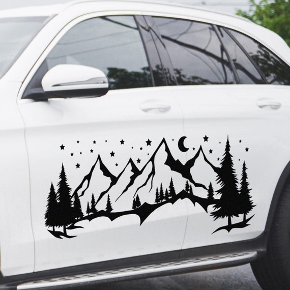 Camper RV Decal Moon Stars Mountain and Tree Scene V4