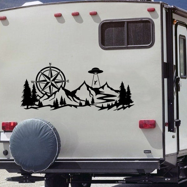 Mountains With Compass UFO Abduction Vinyl Decal V1 | Custom RV Camper Decal Stickers