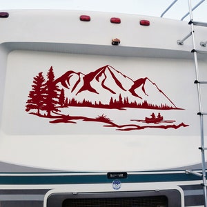 Lake Mountain Canoe Scene Vinyl Decal V1 - RV Graphics Camping - Die Cut Sticker