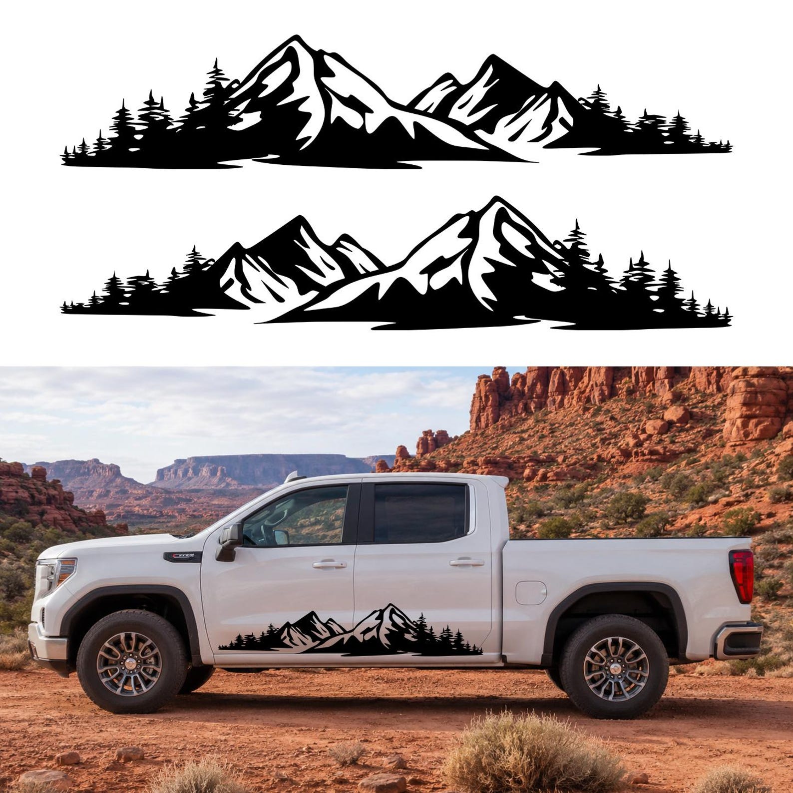 Mirrored Mountain Vinyl Decal Pair Truck Camper RV Forest Adventure ...