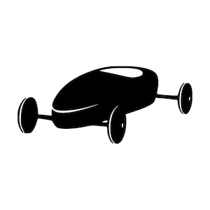 May include: A black silhouette of a race car with three wheels. The car has a rounded body and a single seat.