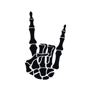 May include: Black and white illustration of a skeleton hand making the rock and roll hand gesture. The hand is in a fist with the index and pinky fingers extended upwards. The image is on a white background.