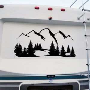Mountains Forest Scene Vinyl Decal V16 - RV Travel Trailer Graphics - Die Cut Sticker