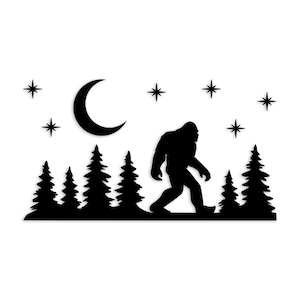 Bigfoot Forest Scene Vinyl Decal V9 – Moon & Stars Sasquatch Sticker – RV Camper Car Truck Window Graphic – Rotatable Orientation