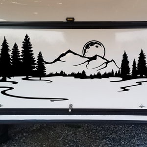 Mountains Moon Vinyl Decal V1 - Forest RV Camper Graphics Scene - Die Cut Sticker