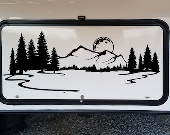 Mountains Moon Vinyl Decal V1 - Forest RV Camper Graphics Scene - Die Cut Sticker