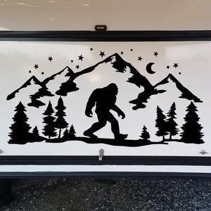 Bigfoot Mountain Moon Stars Scene Vinyl Decal V5 - Sasquatch RV Camper Graphics - Die Cut Sticker