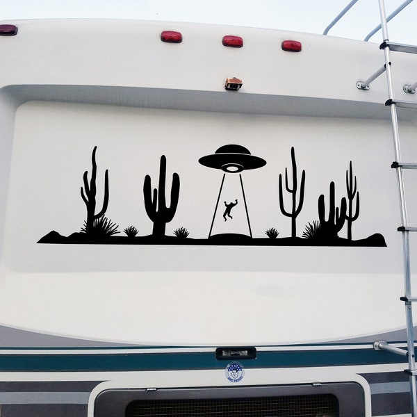 UFO Desert Cactus Scene Vinyl Decal V2 - RV Graphics Alien Abduction - Die Cut Sticker