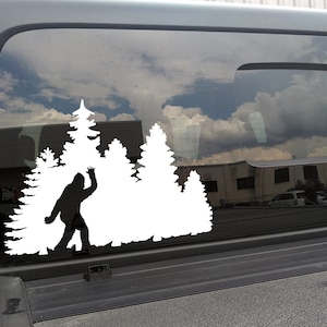 Bigfoot in Trees Waving Hello Vinyl Decal V1 - Sasquatch Forest Line PNW - Die Cut Sticker