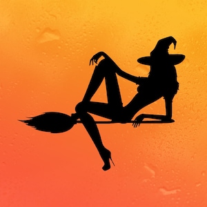 Witch On Broomstick Vinyl Decal Halloween Decoration V3 | Custom Color/Size Sticker For Cars Walls Windows and More