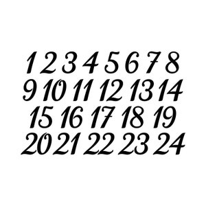 May include: A black and white image of the numbers 1 through 24 written in a cursive font.