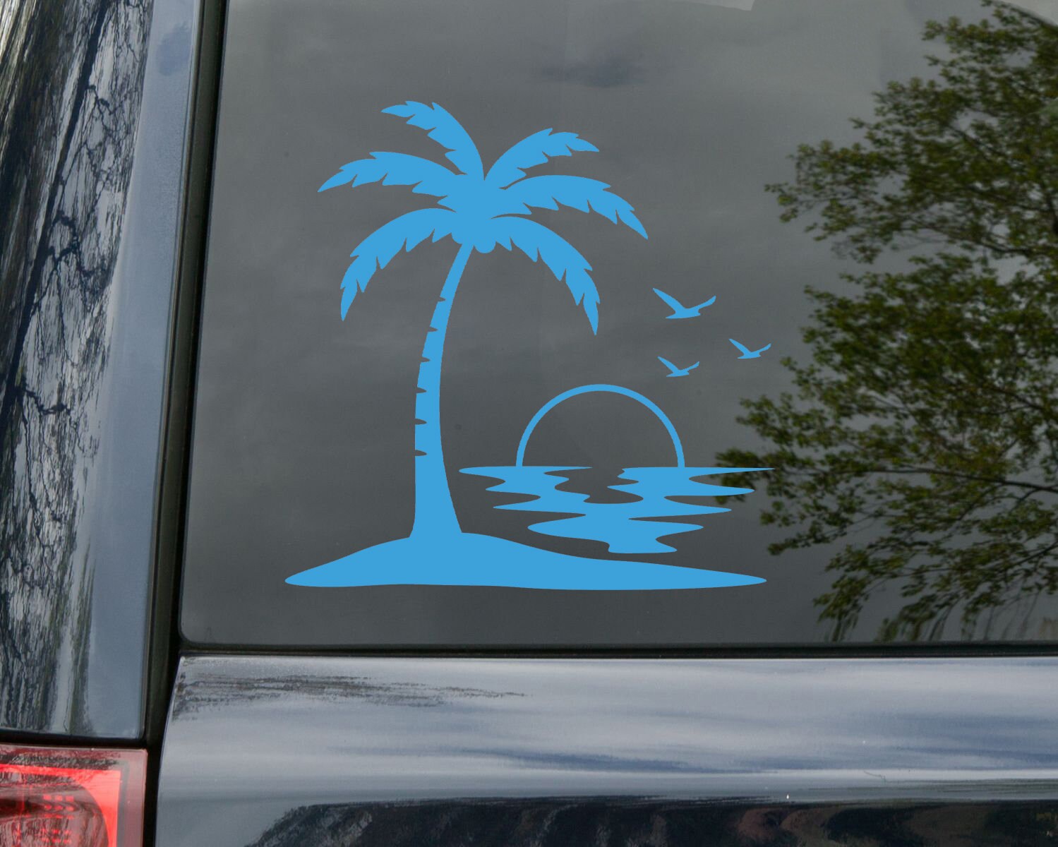 Palm Trees Beach Sunset Scene Vinyl Decal V2 - Camper Graphics Coast Travel  - Die Cut Sticker