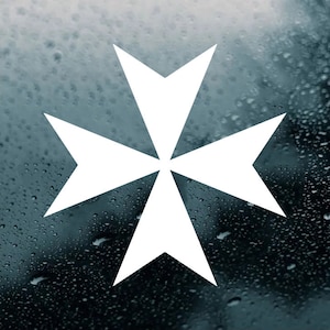 May include: A white Maltese cross with eight points, against a blurry background of water droplets.