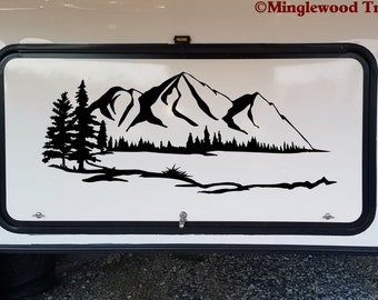 Lake Mountain Trees Scene Vinyl Sticker - Camper RV Travel Trailer Graphics - Die Cut Decal