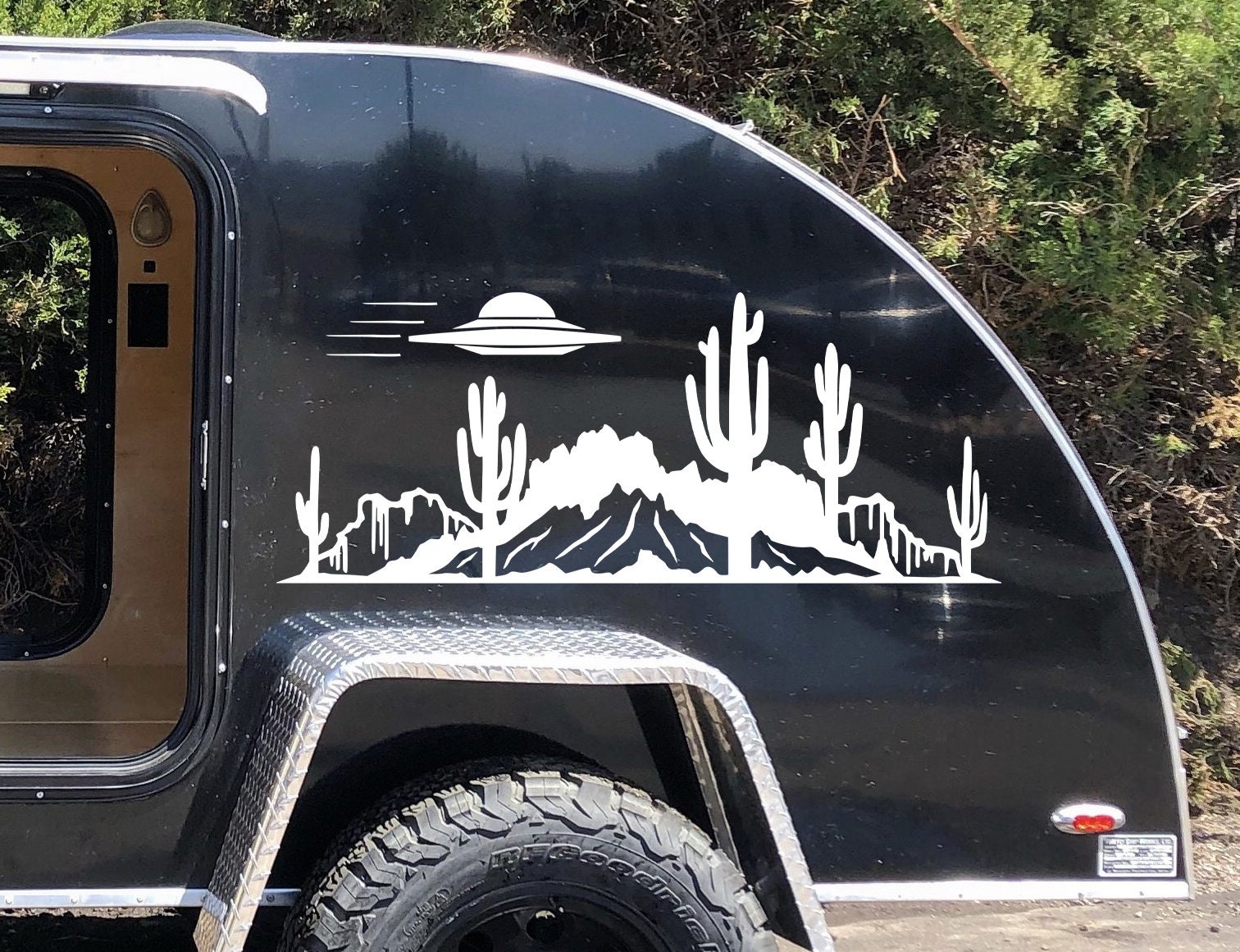 Desert UFO Cactus Mountain Scene V4 Vinyl Decal - Alien RV Camper ...