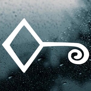 May include: A white geometric symbol with a diamond shape and a curved tail. The symbol is on a blue and gray background.
