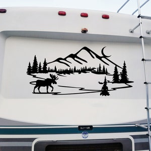 Moose Ducks Lake Mountain Moon Scene Vinyl Decal - Graphics RV Trailer - Die Cut Sticker