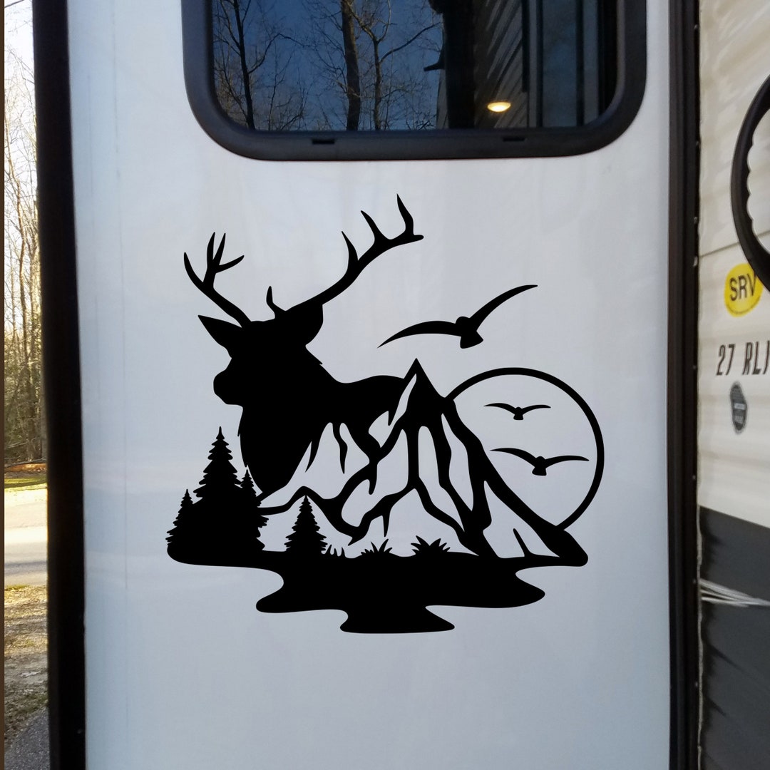 Deer Mountain Bird Scene Custom Vinyl Sticker V5 | Camper Trailer ...
