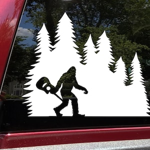 Bigfoot with Guitar in Tree Line Vinyl Decal V1 | Sasquatch Pine Trees | Die Cut Sticker