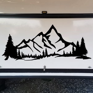 Mountains Forest Scene Vinyl Decal V4 - Camper RV Travel Trailer Graphics 4x4 - Die Cut Sticker