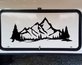 Mountains Forest Scene Vinyl Decal V4 - Camper RV Travel Trailer Graphics 4x4 - Die Cut Sticker